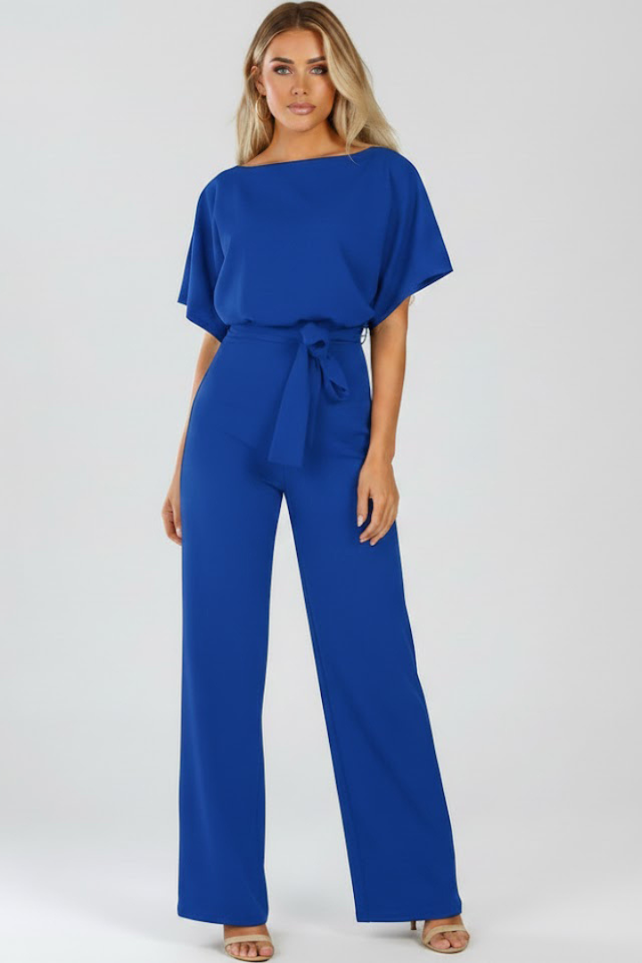 Women's Wide Leg Jumpsuit with Tie Belt & Short Sleeves – Round Neck Casual Summer Jumpsuit