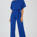Women's Wide Leg Jumpsuit with Tie Belt & Short Sleeves – Round Neck Casual Summer Jumpsuit