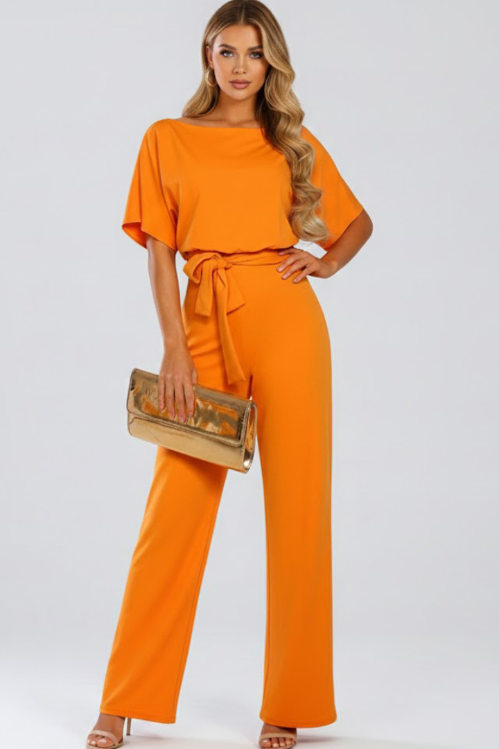 Women's Wide Leg Jumpsuit with Tie Belt & Short Sleeves – Round Neck Casual Summer Jumpsuit