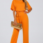 Women's Wide Leg Jumpsuit with Tie Belt & Short Sleeves – Round Neck Casual Summer Jumpsuit