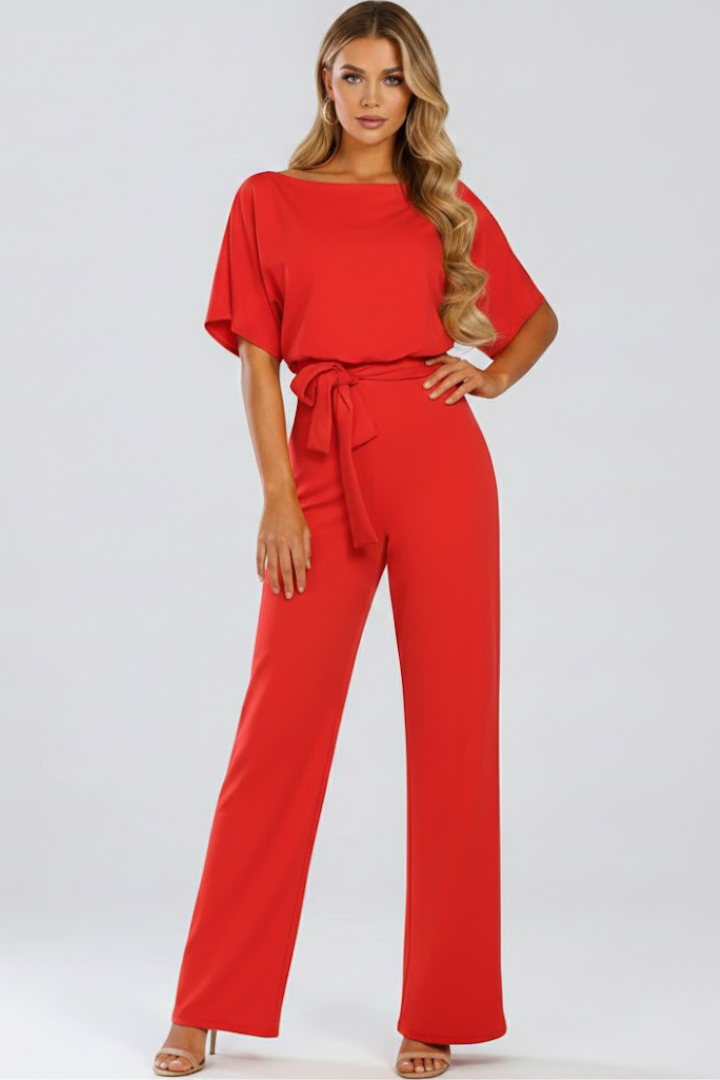 Women's Wide Leg Jumpsuit with Tie Belt & Short Sleeves – Round Neck Casual Summer Jumpsuit