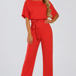 Women's Wide Leg Jumpsuit with Tie Belt & Short Sleeves – Round Neck Casual Summer Jumpsuit