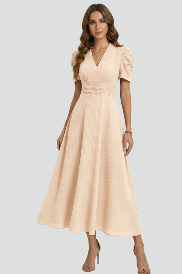 Women's V-Neck Midi Dress with Short Sleeves & Ruched Waist – Flared Day to Evening Dress