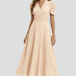 Women's V-Neck Midi Dress with Short Sleeves & Ruched Waist – Flared Day to Evening Dress