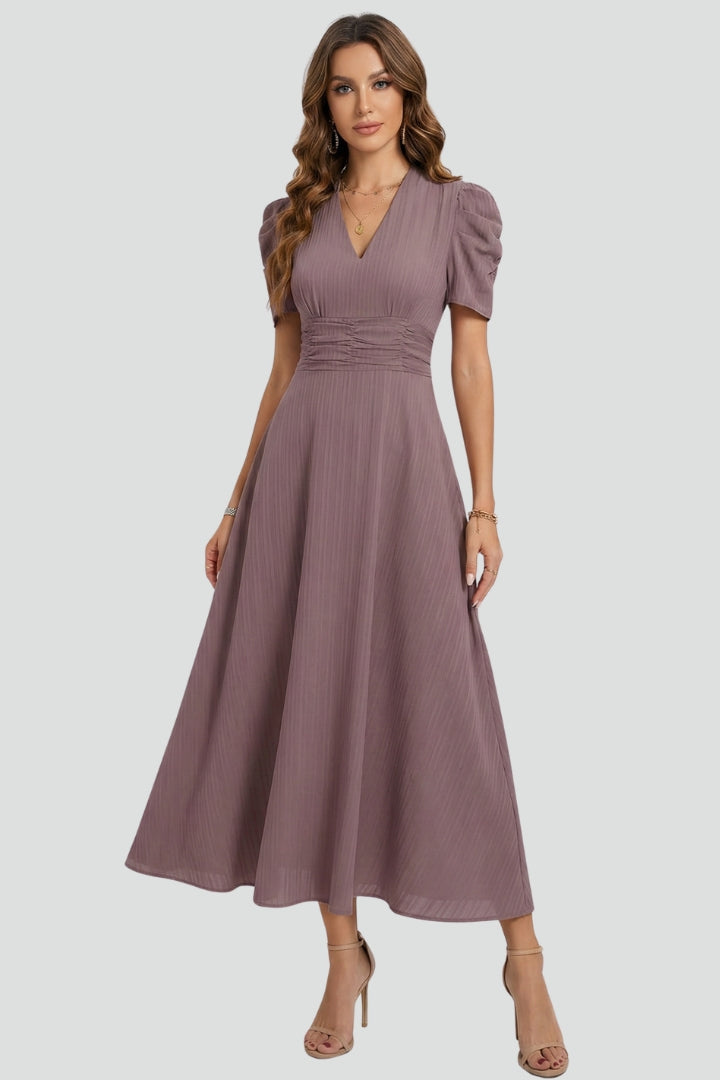 Women's V-Neck Midi Dress with Short Sleeves & Ruched Waist – Flared Day to Evening Dress