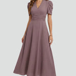 Women's V-Neck Midi Dress with Short Sleeves & Ruched Waist – Flared Day to Evening Dress