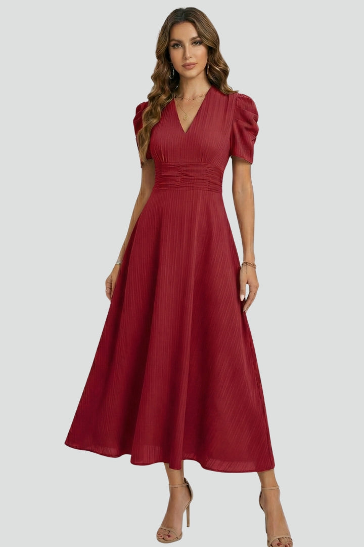 Women's V-Neck Midi Dress with Short Sleeves & Ruched Waist – Flared Day to Evening Dress