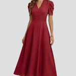 Women's V-Neck Midi Dress with Short Sleeves & Ruched Waist – Flared Day to Evening Dress