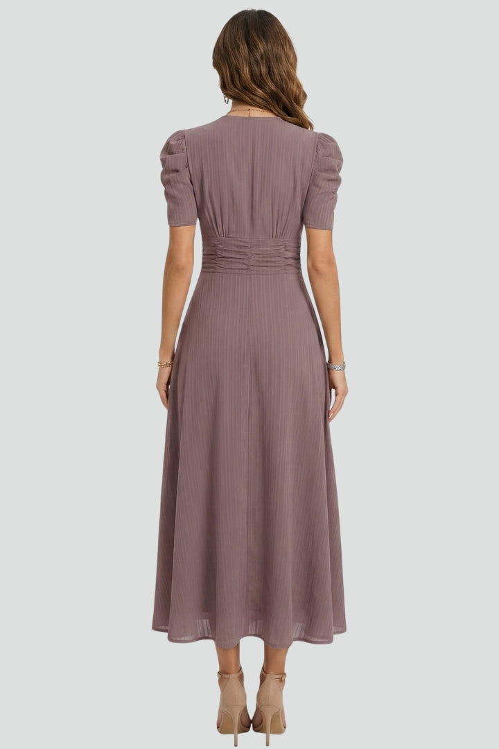 Women's V-Neck Midi Dress with Short Sleeves & Ruched Waist – Flared Day to Evening Dress