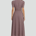 Women's V-Neck Midi Dress with Short Sleeves & Ruched Waist – Flared Day to Evening Dress