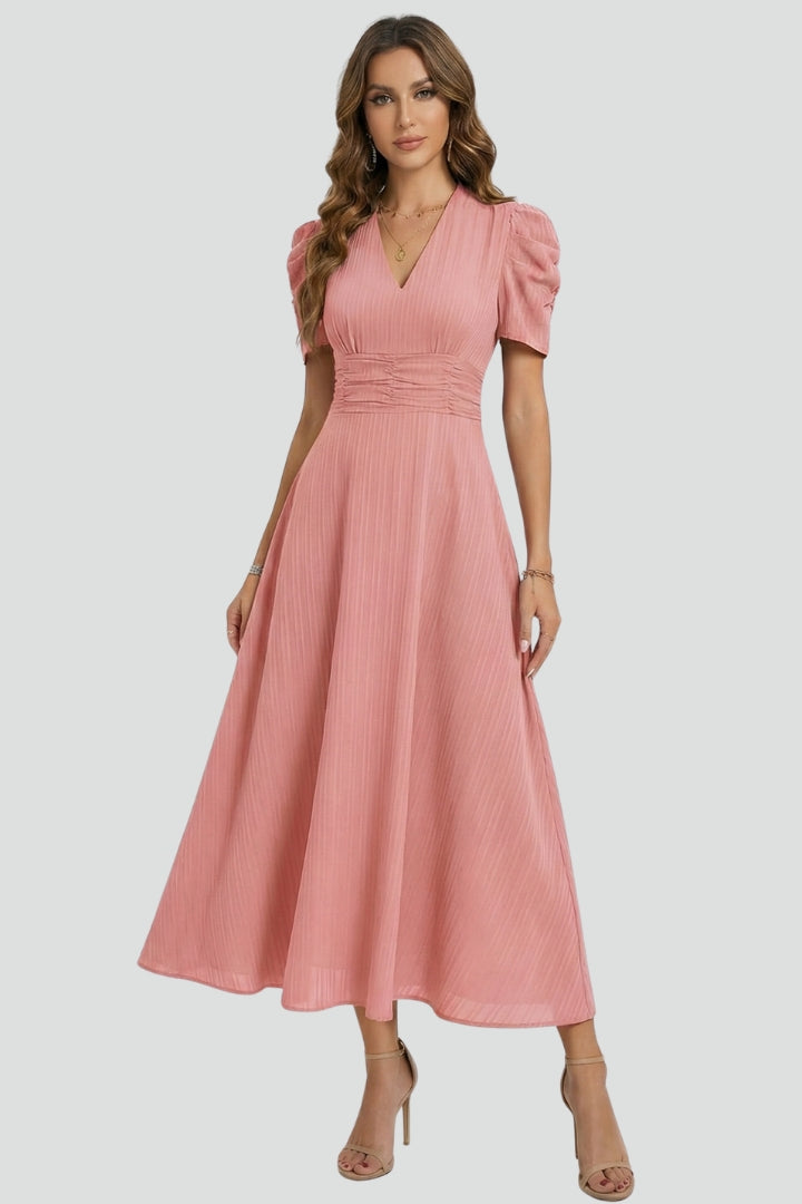 Women's V-Neck Midi Dress with Short Sleeves & Ruched Waist – Flared Day to Evening Dress