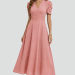 Women's V-Neck Midi Dress with Short Sleeves & Ruched Waist – Flared Day to Evening Dress