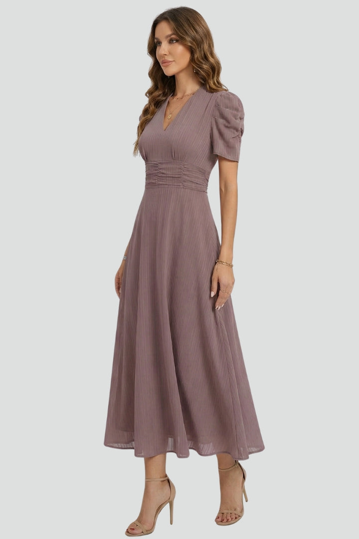 Women's V-Neck Midi Dress with Short Sleeves & Ruched Waist – Flared Day to Evening Dress