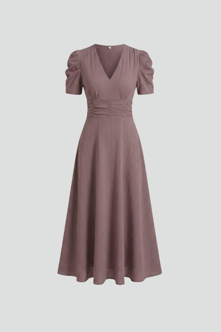 Women's V-Neck Midi Dress with Short Sleeves & Ruched Waist – Flared Day to Evening Dress