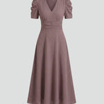 Women's V-Neck Midi Dress with Short Sleeves & Ruched Waist – Flared Day to Evening Dress