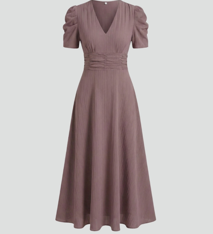 Women's V-Neck Midi Dress with Short Sleeves & Ruched Waist – Flared Day to Evening Dress