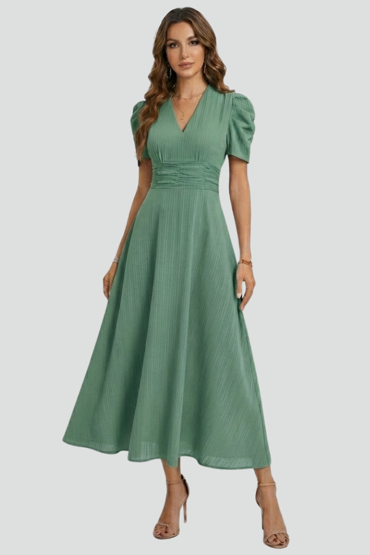 Women's V-Neck Midi Dress with Short Sleeves & Ruched Waist – Flared Day to Evening Dress