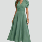 Women's V-Neck Midi Dress with Short Sleeves & Ruched Waist – Flared Day to Evening Dress