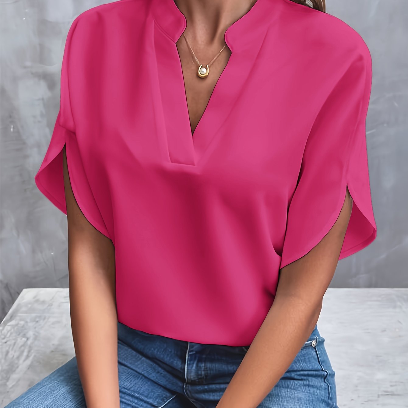 Women's V-Neck Short Sleeve Blouse with Stand Collar – Relaxed Fit Work and Weekend Top