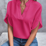 Women's V-Neck Short Sleeve Blouse with Stand Collar – Relaxed Fit Work and Weekend Top