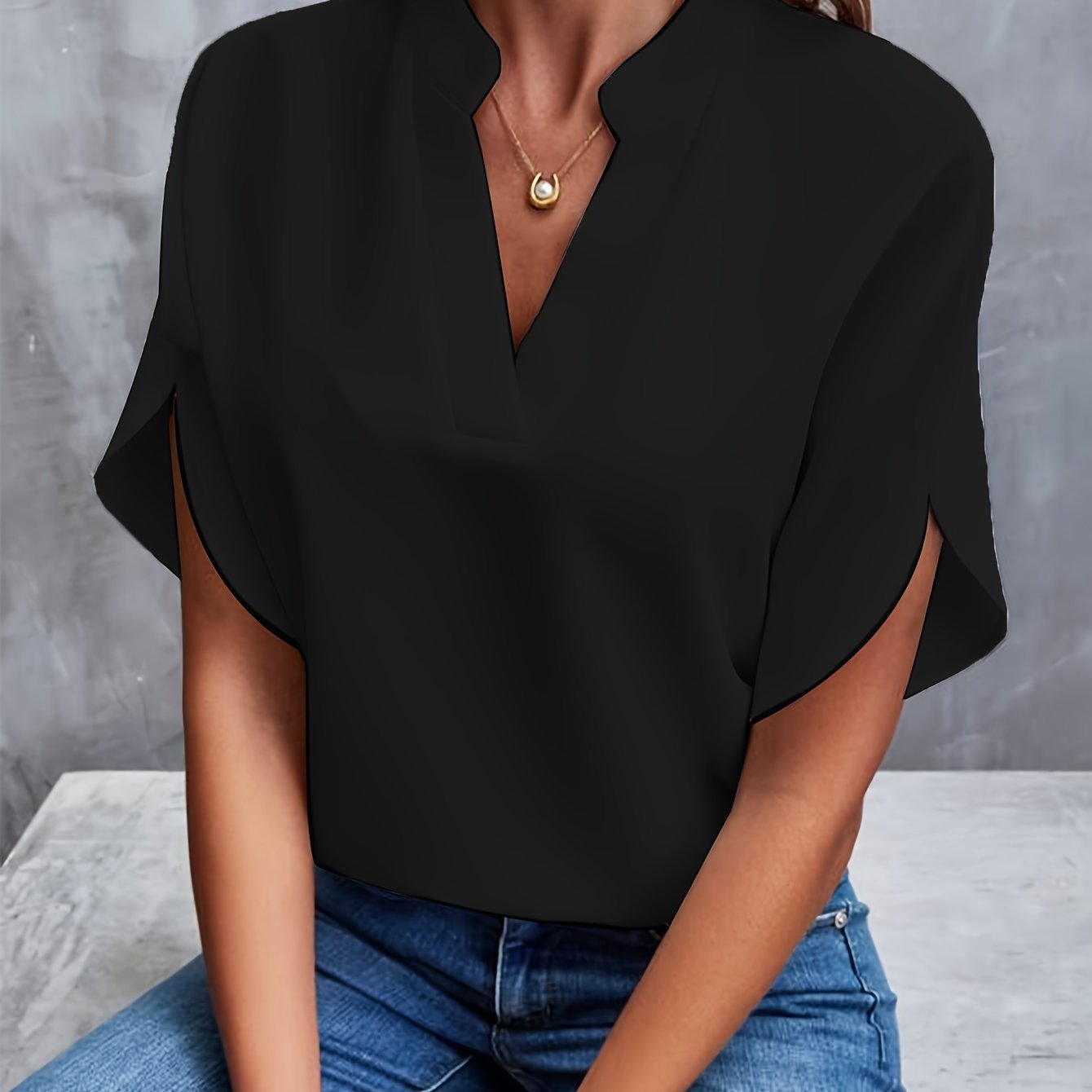 Women's V-Neck Short Sleeve Blouse with Stand Collar – Relaxed Fit Work and Weekend Top