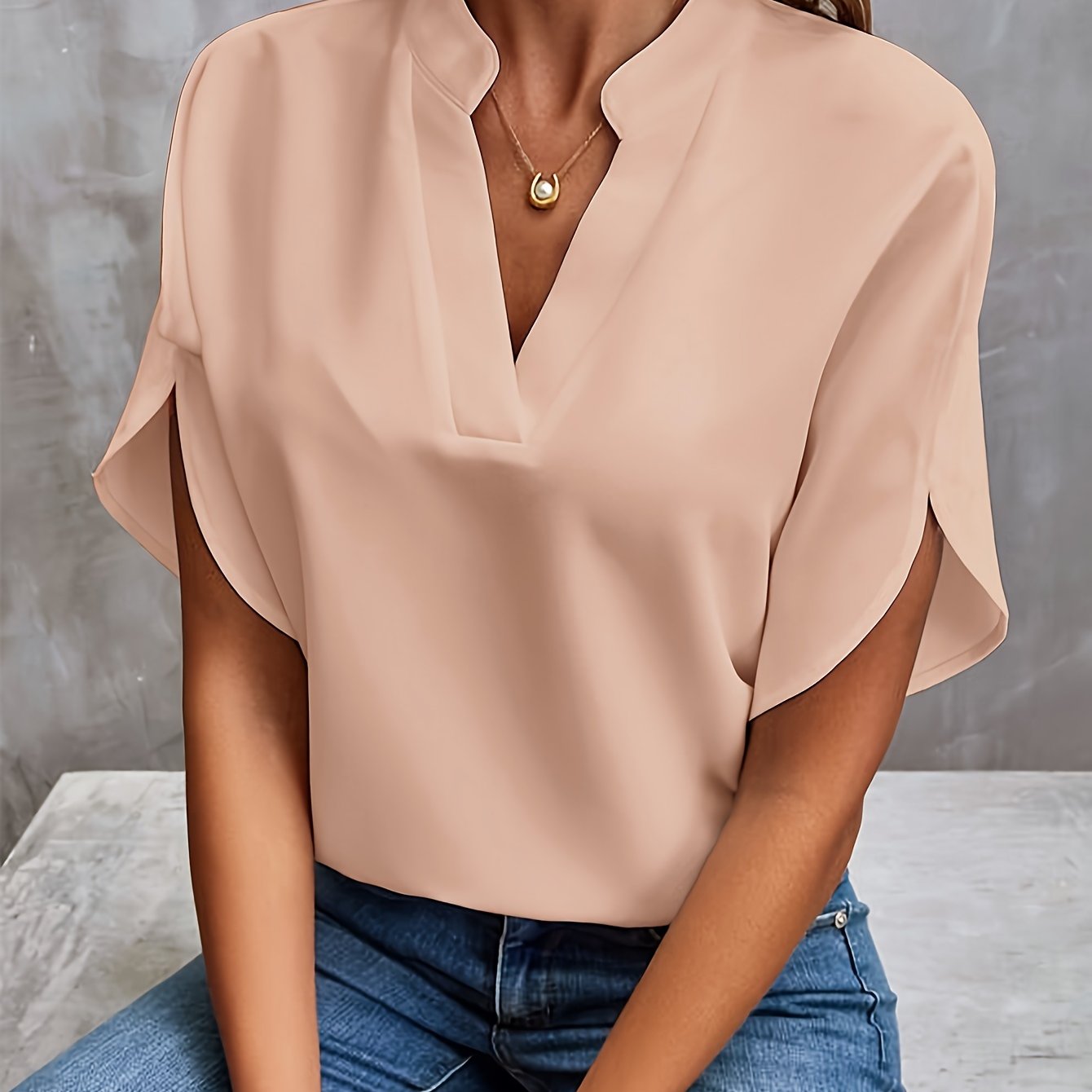 Women's V-Neck Short Sleeve Blouse with Stand Collar – Relaxed Fit Work and Weekend Top