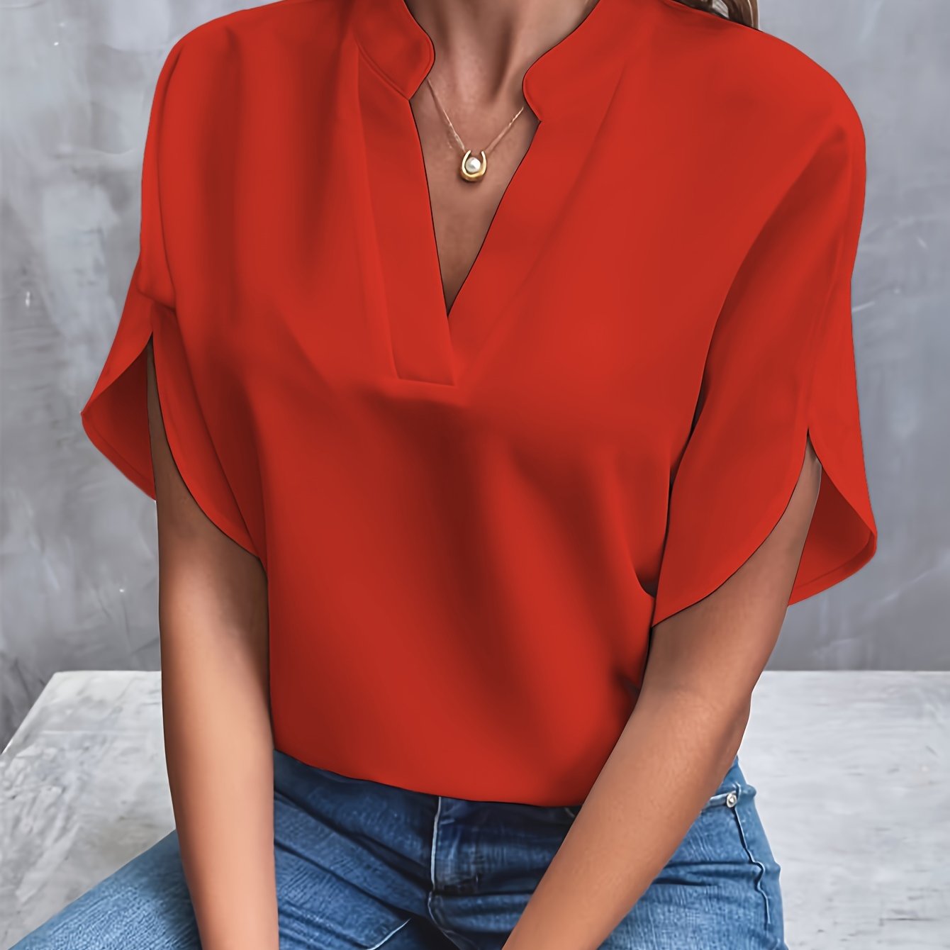 Women's V-Neck Short Sleeve Blouse with Stand Collar – Relaxed Fit Work and Weekend Top