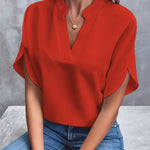 Women's V-Neck Short Sleeve Blouse with Stand Collar – Relaxed Fit Work and Weekend Top