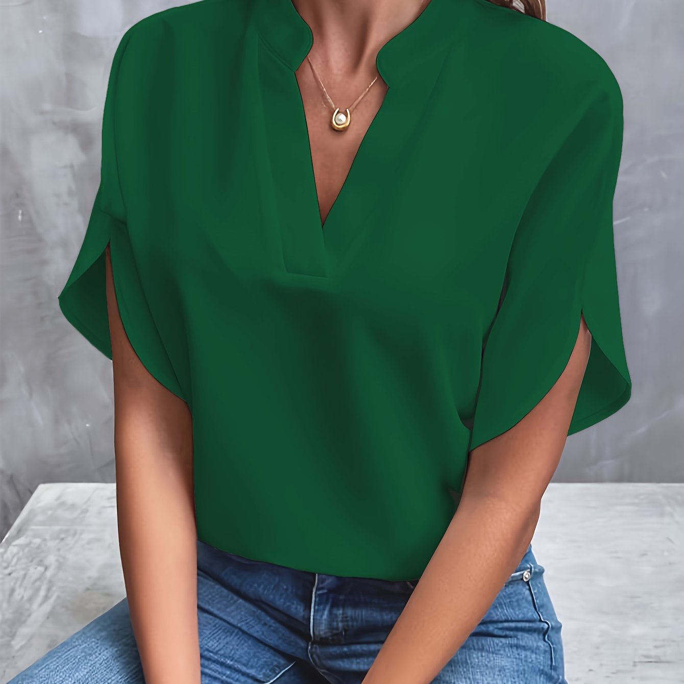 Women's V-Neck Short Sleeve Blouse with Stand Collar – Relaxed Fit Work and Weekend Top