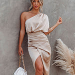 Women's Gold One-Shoulder Wrap Midi Dress – Cocktail and Race Day Dress