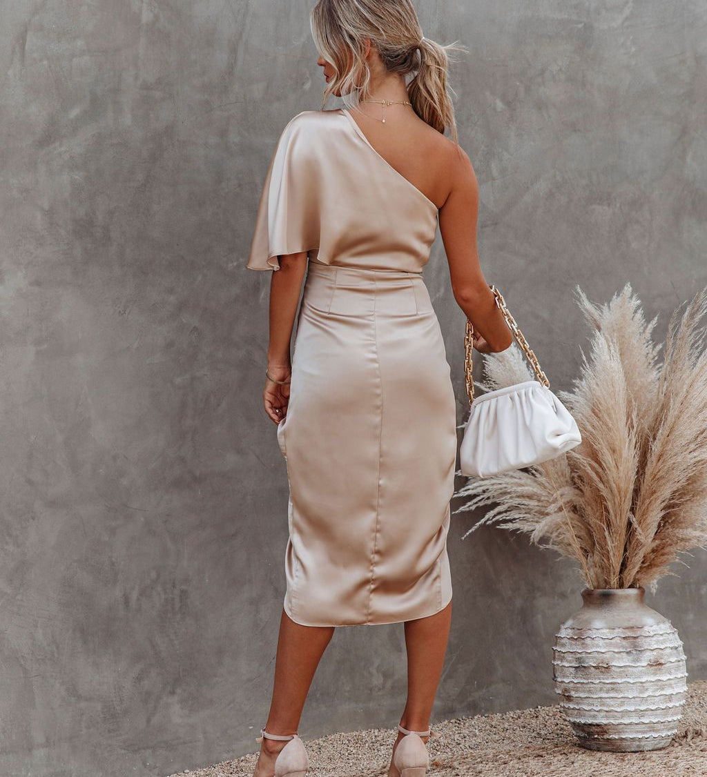 Women's Gold One-Shoulder Wrap Midi Dress – Cocktail and Race Day Dress