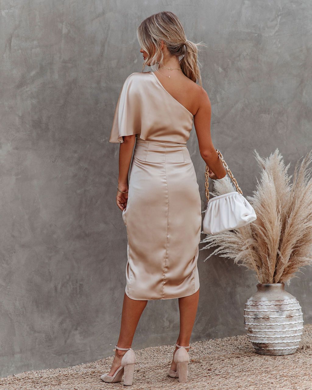 Women's Gold One-Shoulder Wrap Midi Dress – Cocktail and Race Day Dress