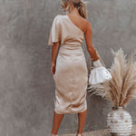 Women's Gold One-Shoulder Wrap Midi Dress – Cocktail and Race Day Dress