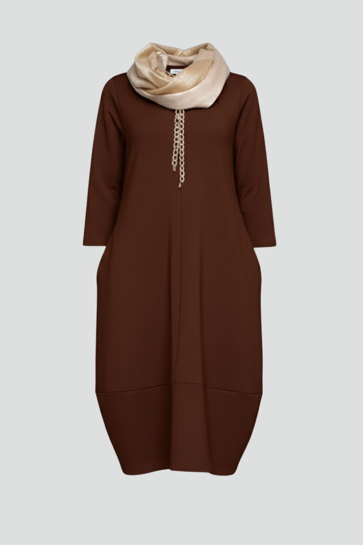 Women's A-Line Midi Dress with Pockets – Round Neck Three-Quarter Sleeve Day Dress