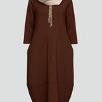 Women's A-Line Midi Dress with Pockets – Round Neck Three-Quarter Sleeve Day Dress