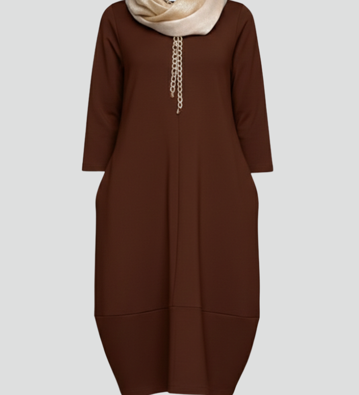 Women's A-Line Midi Dress with Pockets – Round Neck Three-Quarter Sleeve Day Dress