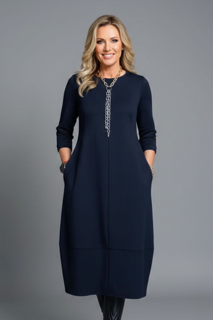 Women's A-Line Midi Dress with Pockets – Round Neck Three-Quarter Sleeve Day Dress