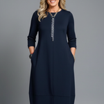 Women's A-Line Midi Dress with Pockets – Round Neck Three-Quarter Sleeve Day Dress