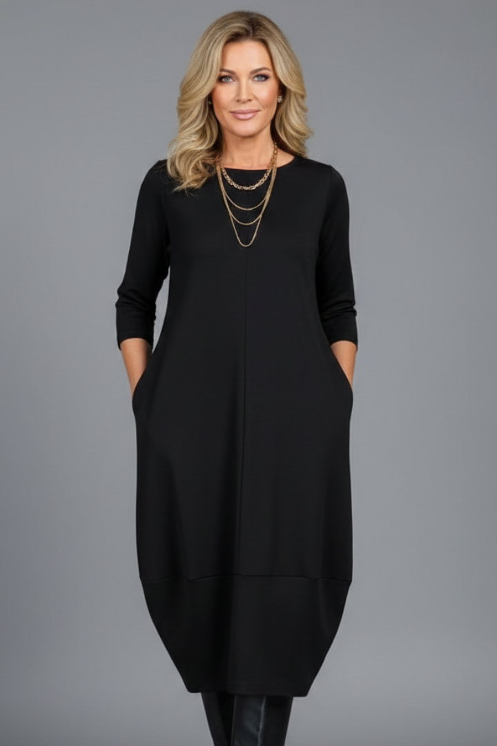 Women's A-Line Midi Dress with Pockets – Round Neck Three-Quarter Sleeve Day Dress