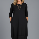 Women's A-Line Midi Dress with Pockets – Round Neck Three-Quarter Sleeve Day Dress