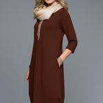 Women's A-Line Midi Dress with Pockets – Round Neck Three-Quarter Sleeve Day Dress