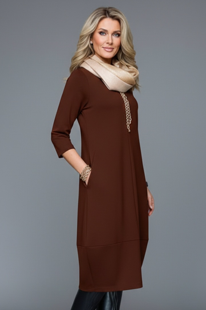 Women's A-Line Midi Dress with Pockets – Round Neck Three-Quarter Sleeve Day Dress