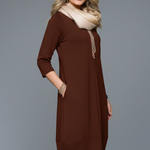Women's A-Line Midi Dress with Pockets – Round Neck Three-Quarter Sleeve Day Dress