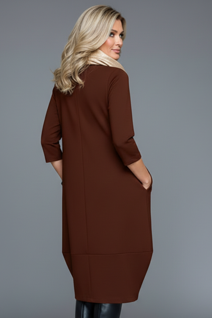 Women's A-Line Midi Dress with Pockets – Round Neck Three-Quarter Sleeve Day Dress
