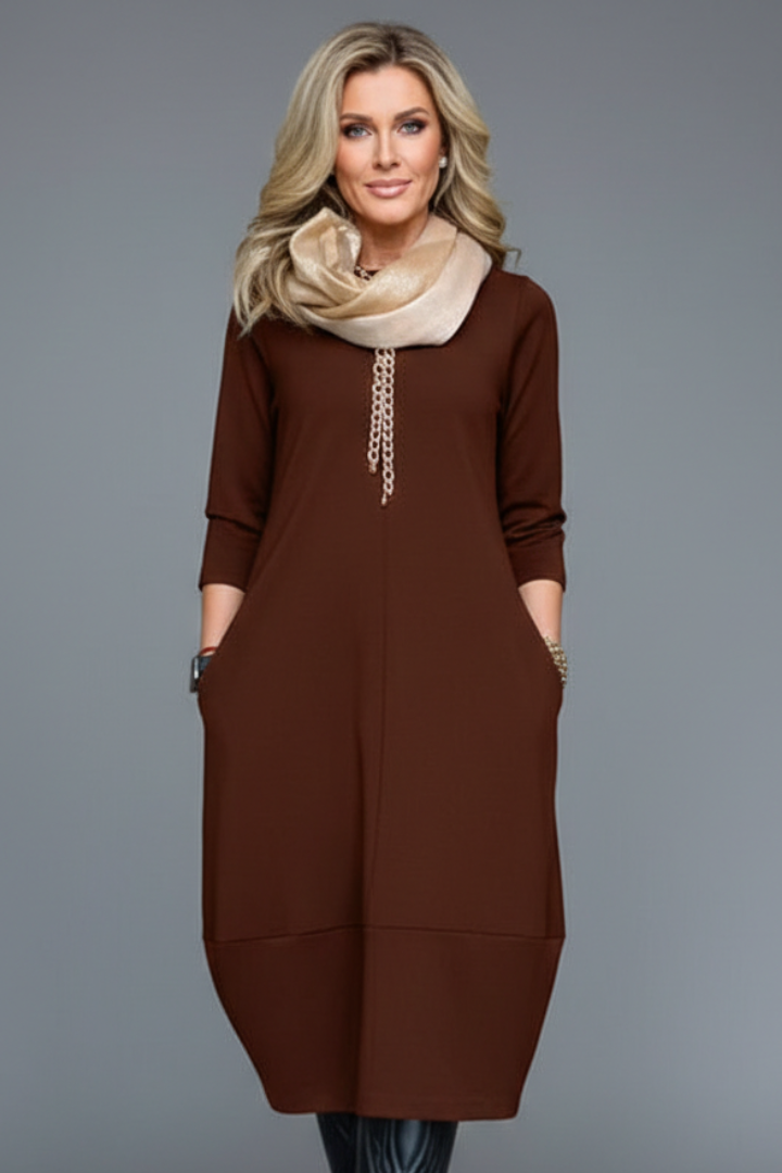 Women's A-Line Midi Dress with Pockets – Round Neck Three-Quarter Sleeve Day Dress