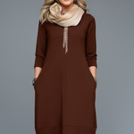 Women's A-Line Midi Dress with Pockets – Round Neck Three-Quarter Sleeve Day Dress