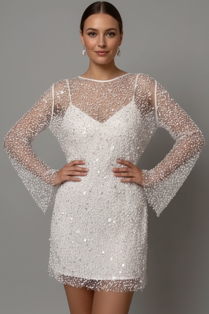 Women's Embellished Mesh Overlay Mini Dress – Long Sleeve Party & Evening Dress
