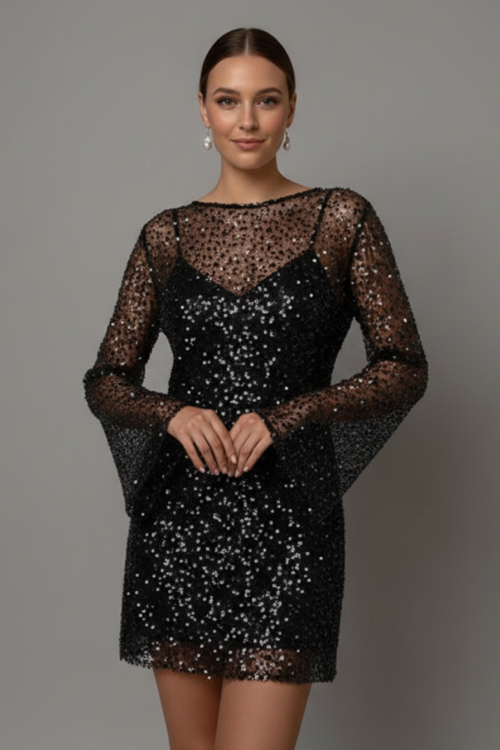 Women's Embellished Mesh Overlay Mini Dress – Long Sleeve Party & Evening Dress
