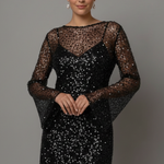 Women's Embellished Mesh Overlay Mini Dress – Long Sleeve Party & Evening Dress