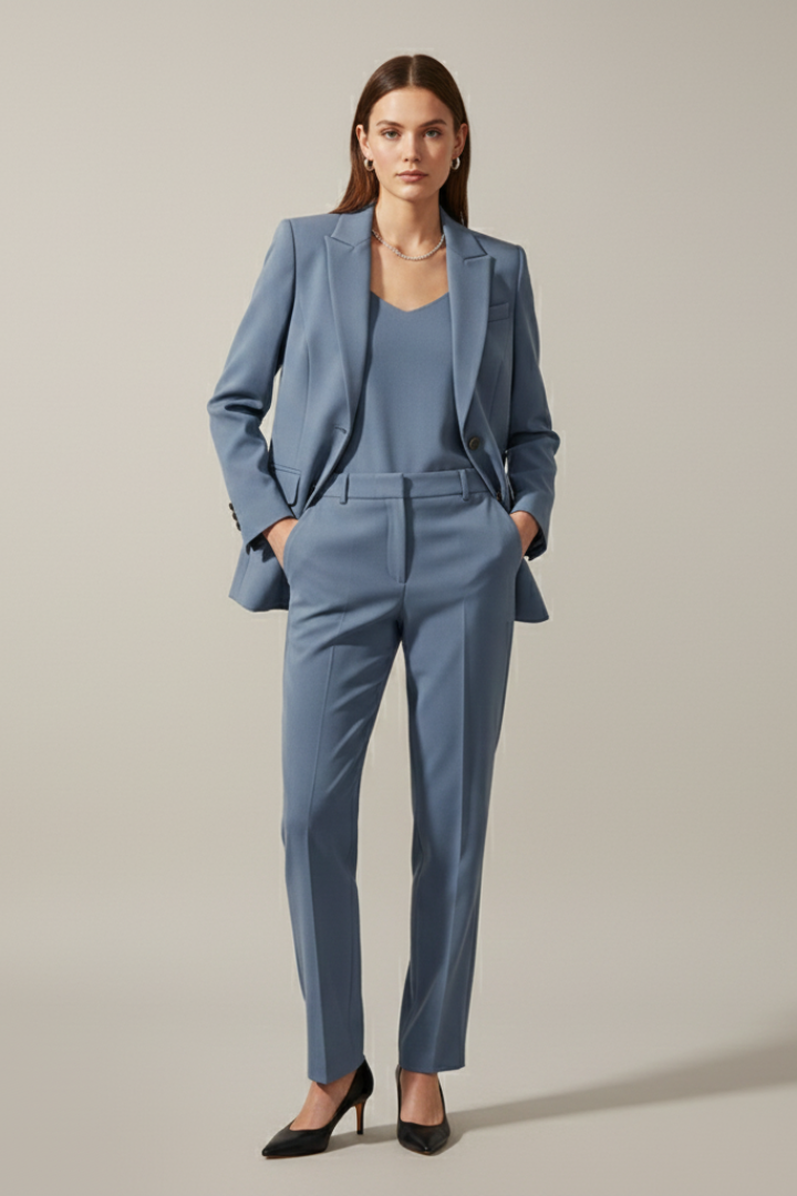 Women's Blazer and Pants Suit Set with Notched Lapel – Straight Leg Two Piece Workwear Suit